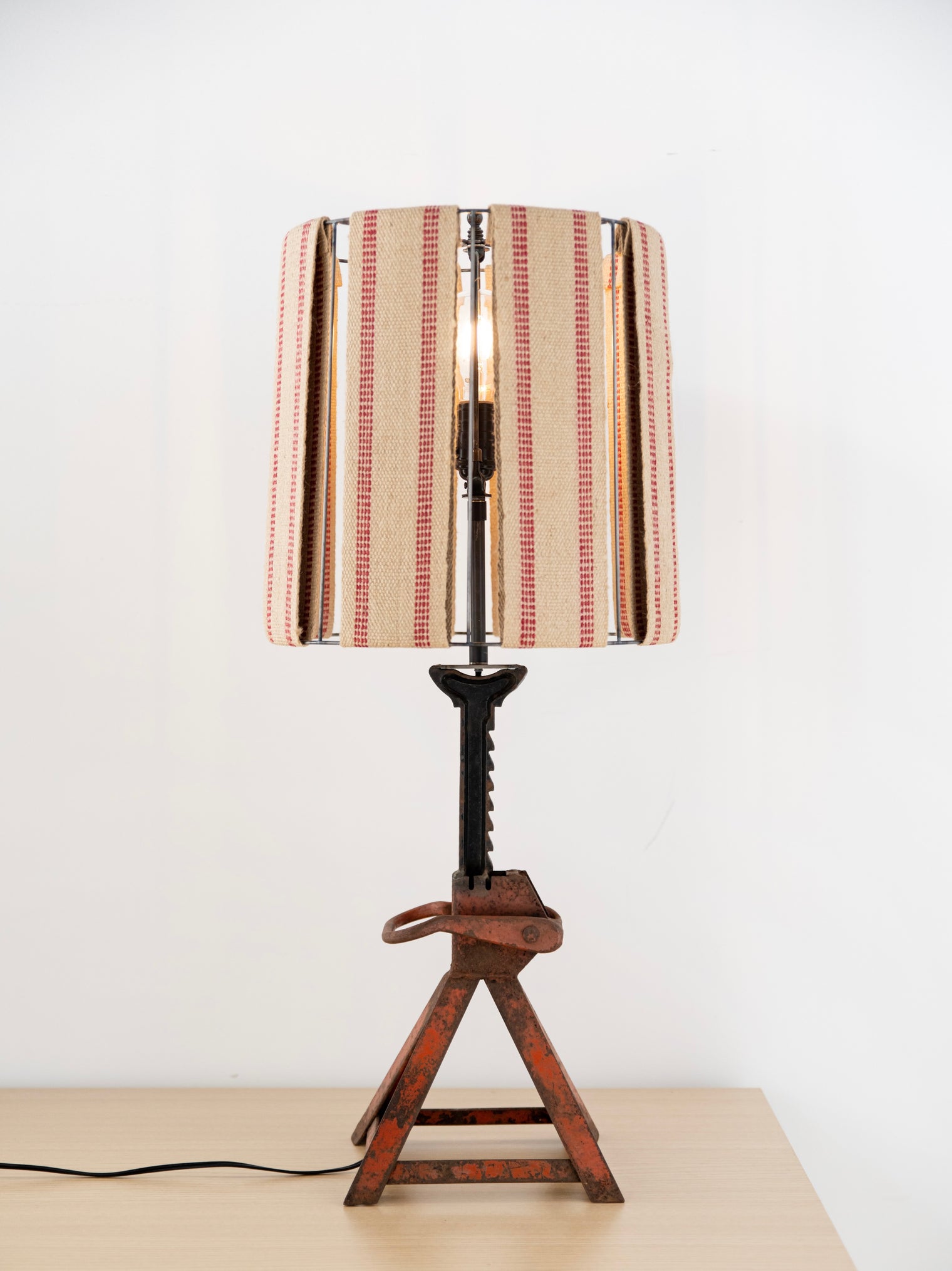 Tate - Jack Stand Table Lamp Rust Orange and Red Stripe Ticking Fabric Shade