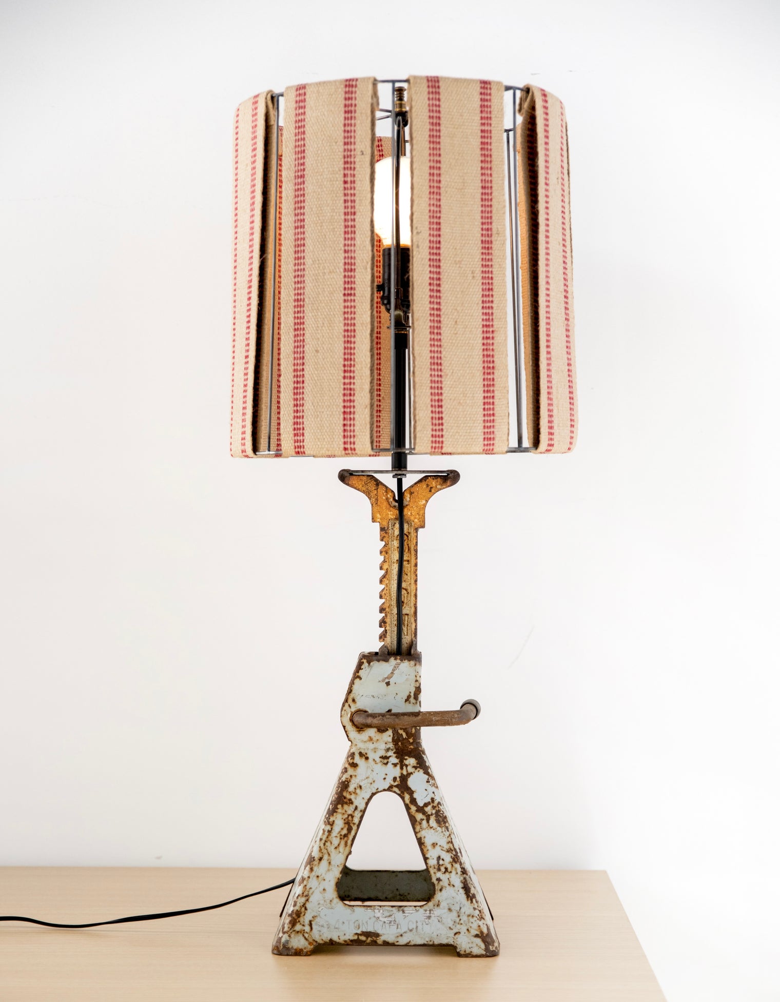 Tate - Jack Stand Table Lamp (Rustic w/ Red Stripe and Blue Base)